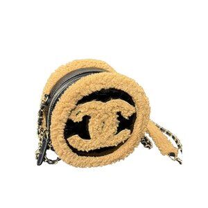 Chanel Round Shearling Crossbody Bag With Chain Strap In Beige & Black
